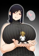 breasts drawing vore blonde black_hair color large_breasts clothed handheld red_eyes huge_breasts scared short_hair twintails hand heart shrunken_woman imminent_vore palms uru no_background sticking_tongue_out