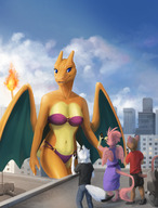 giantess pokemon macro wolf dragoness wings city mouse bird stroll charizard flame bare_midriff looking_at_tinies knoem vampi cockatrice white_wolf