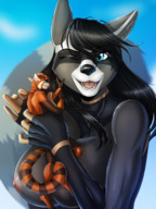 breasts nipples gentle giantess micro nude furry macro tail large_breasts handheld shrunken raccoon shrunken_man hugging cuddling red_panda laralila draco32588