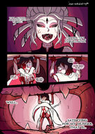 drawing white_hair vore comic clothed mouth teeth saliva red_eyes blood black_eyes mawshot fangs dialogue imminent_vore rwby inverseautotroph summer_rose pyroanime2k16 salem_(rwby)