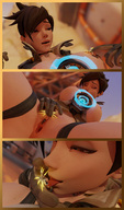breasts nipples giantess masturbation comic color tongue licking brunette short_hair shrunken_woman outdoors semi_nude glove digital_render overwatch mercy_(overwatch) tracer_(overwatch) bare_thighs