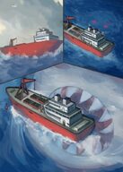 drawing giantess vore mega color water ocean red_eyes smiling yilx underwater fangs boats outdoors sky ships in_water imminent_vore jaws hololive gura gawrgura shark_fangs