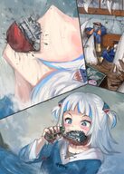 drawing giantess white_hair vore mega color destruction blue_eyes clothed water yilx short_hair fangs boats ships in_water jaws hololive gura gawrgura shark_fangs