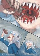 drawing giantess white_hair vore mega color tongue destruction clothed mouth water yilx short_hair mawshot fangs boats outdoors sky closed_eyes ships in_water jaws mass_vore sticking_out_tongue hololive gura gawrgura shark_fangs
