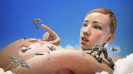 breasts nipples giantess mega blonde large_breasts huge_breasts unknown_artist clouds sky halo pointing source_needed digital_render on_breasts looking_at_tinies