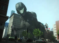giantess city mega color destruction buildings lying_down vehicles outdoors sky all_fours halo digital_render full_body_suit looking_at_tinies body_armor