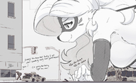 breasts drawing giantess furry anthro city mega dog monochrome large_breasts long_hair destruction clothed buildings breast_crush superhero smiling story lying_down canine sketch mask vehicles outdoors pencil_drawing all_fours sideboob vehicle_crush dialogue thief sound_effects sleeves dog_ears shnider smirking looking_at_tinies ncmares yohomeboync yohomeboyraps raps grayscale eyemask she-rex out_of_frame