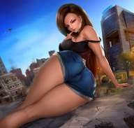 drawing giantess crush mega color long_hair butt destruction clothed buildings butt_crush brunette tank purple_eyes shorts jets clouds outdoors sky trees looking_at_viewer seductive bare_legs raised_butt bare_midriff kiyomi daichi777 bare_thighs panzer_iv