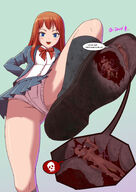 drawing crush panties feet upskirt color long_hair blue_eyes clothed skirt shoes blood domination low_angle smiling in_shoe socks gore foot_crush looking_down cruel white_panties point_of_view raised_foot orange_hair white_socks perspective no_background bare_legs smirking bare_thighs myoffice david