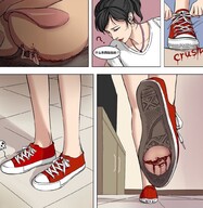 drawing crush feet comic black_hair color toes blood in_shoe gore short_hair foot_crush unaware sneakers toe_crush indoors japanese_text guireyart10 myoffice