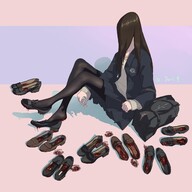drawing crush feet color long_hair clothed skirt shoes blood brunette domination socks gore foot_crush shrunken_people cruel shoe_crush thigh_highs long_socks black_socks no_background hidden_face myoffice in_shoes