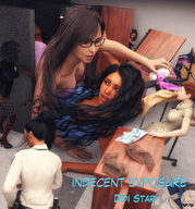 breasts growth black_hair clothed sex cleavage glasses brunette mini_giantess lesbians indoors desks digital_render innocent_owl starshot indecent_exposure didi_star clotehd allison_mahoney tiffany_fenley