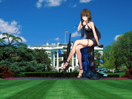 breasts drawing giantess collage mega clothed cleavage gun high_heels drawing_collage brunette brown_eyes dress unknown_artist sitting sandals grass clouds outdoors sky butterfly trees source_needed legs_crossed sitting_on_building highlights white_house cleavage_window bare_legs m4a1_(girls_frontline) bare_thighs presidents_park