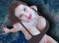 breasts giantess collage panties giga color long_hair cleavage brunette high_angle brown_eyes smiling lipstick piercing looking_up tattoo nail_polish aerial_view looking_at_viewer semi_nude nose_piercing cleavage_window bare_legs lip_piercing bare_midriff bare_thighs ariane_saint