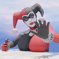 giantess mega color blue_eyes clothed handheld gloves harley_quinn hand batman outdoors looking_at_viewer digital_render dc_comics clown visionjack123 clown_girl