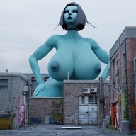 breasts nipples giantess collage nude city mega black_hair color large_breasts buildings huge_breasts topless short_hair blue_skin looking_up outdoors choker nail_polish alley bare_legs bare_midriff bare_thighs digial_render soria