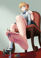 drawing giantess feet blonde color blue_eyes clothed toes barefoot soles ribbon shoes low_angle socks shrunken_people looking_down between_toes chair indoors hair_ribbon white_socks aoigai mary_janes bare_legs looking_at_tinies bare_thighs