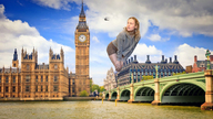 collage city blonde color long_hair bridge clothed buildings helicopter unknown_artist shorts london river clouds outdoors sky big_ben source_needed looking_at_tiny united_kingdom bare_legs bare_thighs palace_of_westminster river_thames