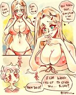 bikini breasts drawing blonde comic color large_breasts long_hair cleavage green_eyes huge_breasts smiling looking_down dialogue aria looking_at_tiny bare_legs bare_midriff gray