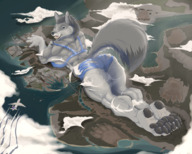 bikini drawing nipples giantess furry wolf giga tail anthro city color destruction blue_eyes claws toes barefoot ocean buildings soles paws lying_down muscles airplane open_mouth clouds thighs outdoors sky all_fours undressing looking_at_viewer ripped_clothing sharp_teeth paw_pads thick_thighs erect_nipple handprint bare_legs bare_midriff foot_prints scream_(artist) bare_paws karawuff
