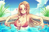 bikini breasts drawing gentle blushing blonde color large_breasts long_hair cleavage wet green_eyes huge_breasts smiling pool shrunken_man jumping clouds outdoors sky grey_hair aria ceres gray