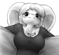 breasts drawing gentle furry blushing monochrome large_breasts clothed bunny cleavage smiling embarrassed sitting shrunken_man sketch looking_down sofa lying_on_breasts no_background looking_at_tiny cleavage_window alloyrabbit grayscale chrome breast_held lionel