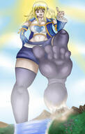 giantess crush feet giga city blonde long_hair destruction clothed buildings brown_eyes socks foot_crush shorts looking_down heel mountains river clouds sky fairy_tail thigh_highs long_socks black_socks imminent_crush lucy_heartfilia bare_midriff looking_at_tinies revianter