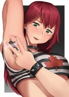 drawing color long_hair clothed green_eyes sweat domination smiling red_hair shrunken_man choker taped_down no_background looking_at_tiny armpits toying smirking bare_midriff nightingale122 kkasi00 leon_takayashi sweaty_armpit braceless sarah_(nightingale122)