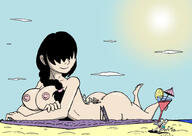 breasts drawing nipples giantess nude mega black_hair color beach barefoot ocean topless smiling lying_down looking_down sand clouds outdoors sky all_fours bare_legs drsgrowth bare_midriff looking_at_tinies tenguyurilove bare_thighs emmanuelle