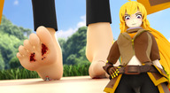 crush feet blonde color long_hair clothed barefoot blood purple_eyes smiling gloves gore unknown_artist foot_crush shrunken_people looking_down grass cruel outdoors under_foot nail_polish source_needed looking_at_tiny digital_render sadistic_smile rwby yang_xiao_long nora smirking polyphius