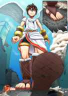 drawing crush feet wings city mega color destruction giant male clothed buildings brunette low_angle smiling short_hair foot_crush fanart looking_down point_of_view road pit spokle kid_icarus smirking