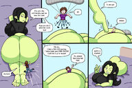 breasts drawing comic black_hair color large_breasts long_hair butt barefoot bed huge_breasts yellow_eyes lying_down anal_insertion shrunken_man falling looking_up indoors all_fours bedroom orc looking_at_viewer dialogue semi_nude green_skin looking_at_tiny pointed_ears bare_legs daisy-pink71 raised_butt bare_midriff bare_thighs bare_ass falling_tiny