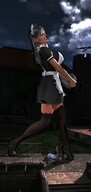 color high_heels stockings castle socks maid_uniform clouds night outdoors sky grey_hair long_socks black_socks digital_render bonnet velocity-vektor