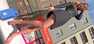 giantess city mega blonde color barefoot buildings dress necklace storefront digital_render bare_legs velocity-vektor bare_thighs scratching_head
