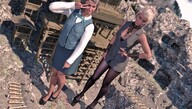 giantess white_hair mega blonde color clothed cleavage stockings socks short_hair looking_down giantesses outdoors necklace long_socks black_socks digital_render cleavage_window bare_legs velocity-vektor