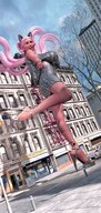 giantess city mega color high_heels buildings green_eyes smiling twintails clouds sky bracelet digital_render bare_legs dog_ears velocity-vektor
