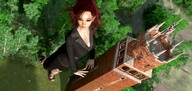 giantess mega color high_angle brown_eyes red_hair grass tower outdoors nail_polish aerial_view trees looking_at_viewer winking digital_render velocity-vektor heavy_eyeshadow