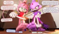 crush feet furry tail cat color clothed barefoot green_eyes yellow_eyes gloves amy_rose foot_crush sonic_the_hedgehog shrunken_people looking_down hedgehog giantesses cat_girl indoors under_foot blaze_the_cat raised_foot dialogue imminent_crush digital_render bare_legs looking_at_tinies sourcesizeshenanigans whilte_gloves 1994semaj