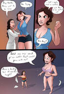 breasts drawing growth giantess panties mega comic black_hair color armor crossover barefoot cleavage bra skirt brunette mini_giantess shorts costume shirt wonder_woman closed_eyes necklace ripped_clothing dialogue attack_of_the_50_foot_woman dc_comics nancy_archer bare_legs bare_midriff discarded_clothing caiman2