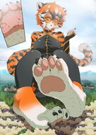 drawing giantess furry giga tail city tiger color clothed barefoot buildings yellow_eyes paws foot_crush mountains clouds outdoors sky paw_crush paigescribe arknights waai_fu bare_paws freesia