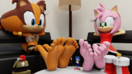 furry color blue_eyes clothed barefoot green_eyes brunette pink_hair amy_rose unknown_artist sitting sonic_the_hedgehog shrunken_people looking_down indoors dirty_soles necklace multiple_tails source_needed knuckles_the_echidna sweaty_feet digital_render bare_legs bare_midriff looking_at_tinies sticks_the_badger