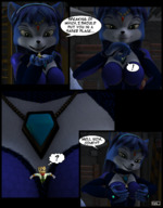 breasts furry comic color cleavage smiling hand krystal starfox necklace handled looking_at_tiny digital_render fox_mccloud between_breasts