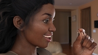 gentle black_hair color handheld brown_eyes smiling hand shrunken_man dark_skin fingers indoors nail_polish looking_at_tiny digital_render galiagan goddesstina