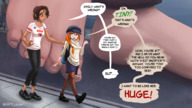 drawing giantess feet size_difference city color clothed barefoot glasses green_eyes brunette brown_eyes street red_hair short_hair walking dark_skin outdoors tinies dialogue orange_hair lena artclonov admiring emily_r magdalena_g