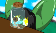 drawing wings black_hair color fairy entrapment clouds jar outdoors sky monster_girl goblin green_skin looking_at_tiny tiny-zane nude_tiny sparkling_eyes large_ears casey