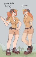 drawing gentle giantess color large_breasts clothed green_eyes brown_eyes smiling socks red_hair ponytail boots grass sunglasses giantesses thighs outdoors hat dialogue sam baseball_cap black_socks hand_on_hips headset jurassic_park bare_legs sihagen ncmares yohomeboync yohomeboyraps park_ranger raps jenn_(ncmares)