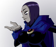 drawing color clothed handheld purple_hair huge_breasts purple_eyes smiling raven teen_titans hand palm looking_down cape hood no_background looking_at_tiny dc_comics anon grey_skin ravenravenraven