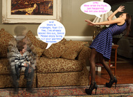 collage color clothed high_heels shrinking brunette dress indoors sofa dialogue looking_at_tiny badger2000 ishrink janice_griffith panythose