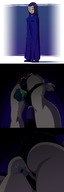drawing blushing upskirt comic color butt clothed purple_hair purple_eyes raven teen_titans short_hair mini_giantess beast_boy between_legs looking_down standing thighs robe cape belt inside_clothing leotard panels squeezing hood no_background dc_comics bare_legs ravenravenraven