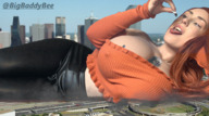 breasts giantess collage vore giga city tongue destruction clothed cleavage buildings street lying_down cruel highway dangle outdoors sky truck orange_hair on_tongue nose_piercing bare_midriff between_breasts sticking_out_tongue starshot bigbadb
